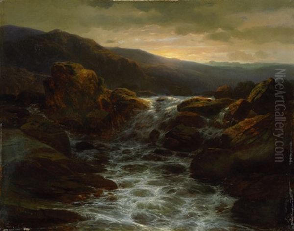 Sonnenuntergang Uber Einem Wasserfall Und Stromschnellen In Felsiger Landschaft Oil Painting by Alexandre Calame