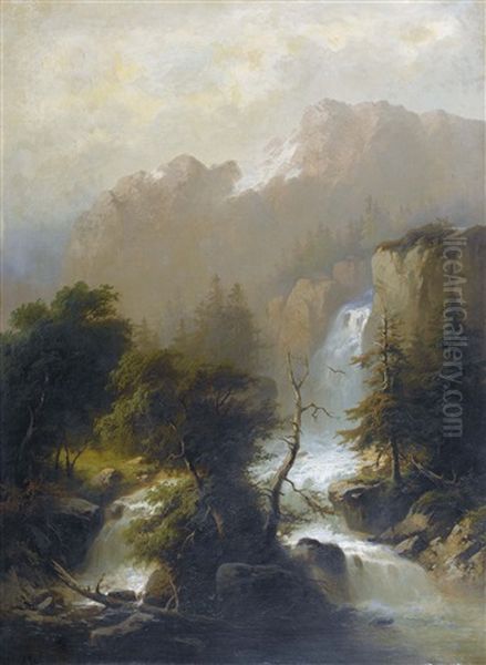 Berglandschaft Mit Wasserfall Oil Painting by Alexandre Calame