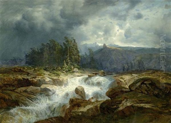 Torrent De Montagne Par Orage Oil Painting by Alexandre Calame