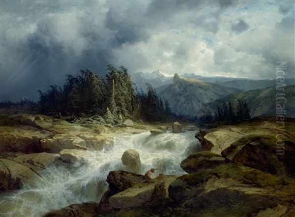 Torrent De Montagne Par Orage Oil Painting by Alexandre Calame