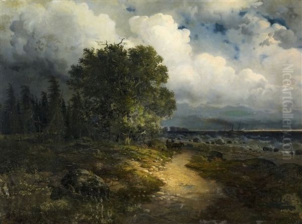 Uferlandschaft Am Genfersee (vom Nordufer Aus Gesehen) Bei Aufziehendem Gewitter Oil Painting by Alexandre Calame