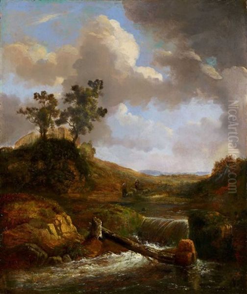 Hugelige Landschaft Mit Burg, Bach Und Hirten Oil Painting by Alexandre Calame