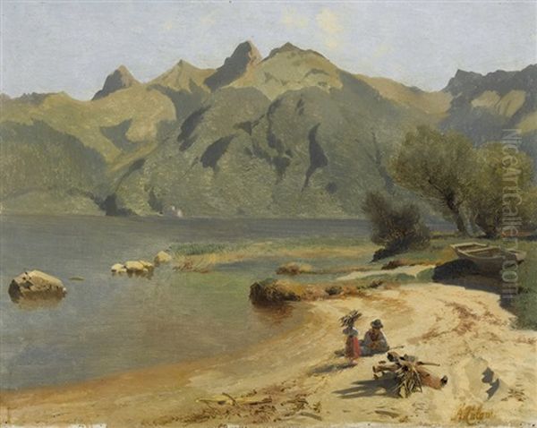 Bergsee Mit Holzsammlern Am Ufer Oil Painting by Alexandre Calame