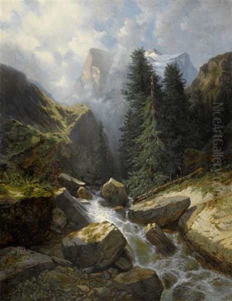 Sicht Auf Das Well- Und Wetterhorn Von Der Rosenlaui Aus Oil Painting by Alexandre Calame