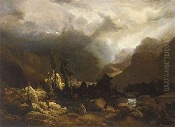 L'eboulement (bergsturz An Der Grimsel) Oil Painting by Alexandre Calame