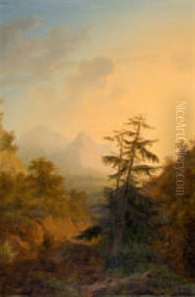 Gebirgslandschaft Mit Wettertanne Und Wanderer Oil Painting by Alexandre Calame