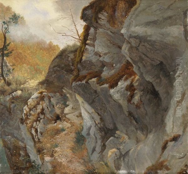 Sentier Sur Une Falaise Oil Painting by Alexandre Calame