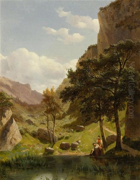 Landschaft Mit Zwei Figuren An Einem Teich Oil Painting by Alexandre Calame