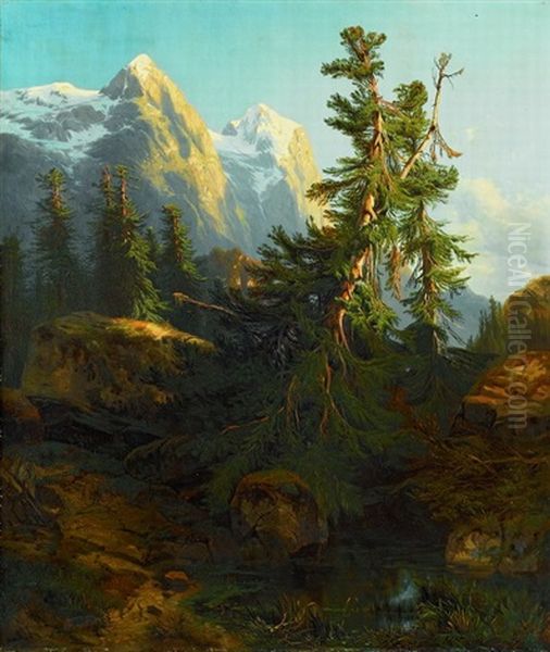 Rosenlaui Mit Wellhorn Und Wetterhorn Oil Painting by Alexandre Calame