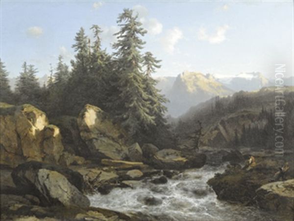 Gebirgslandschaft Mit Bergbach Und Urirotstock Oil Painting by Alexandre Calame