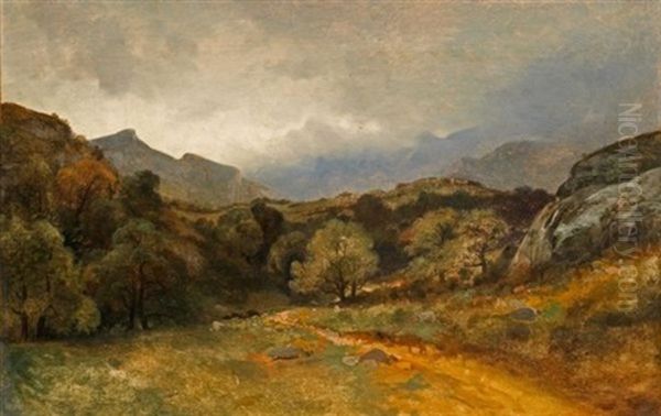 Prairie, Arbres, Chemin Au Pied Des Alpes Oil Painting by Alexandre Calame