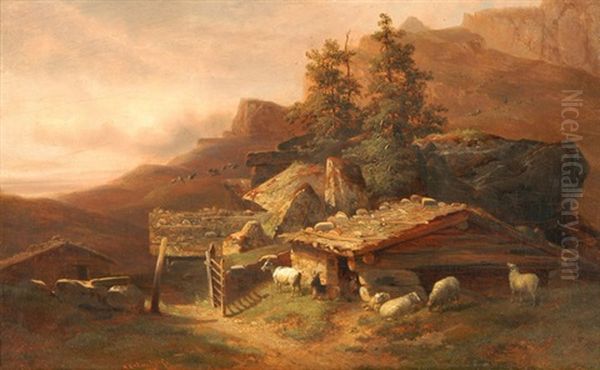 Gebirgslandschaft Mit Alphutten, Ziegen Und Schafen Oil Painting by Alexandre Calame