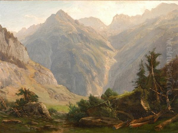 Blick Von Einer Alp In Ein Gebirgstal Oil Painting by Alexandre Calame