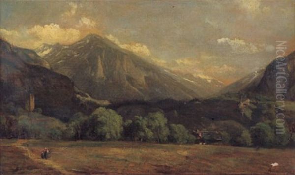 Alpenlandschaft, Im Vordergrund Zwei Figuren Oil Painting by Alexandre Calame