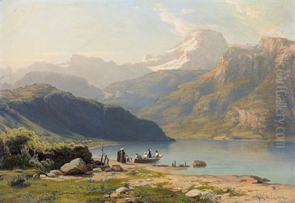 Kleine Bucht Am Urnersee Mit Kahn Und Figuren Oil Painting by Alexandre Calame