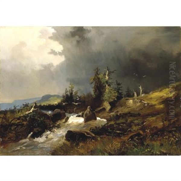 A Stream Running Through A Mountainous Landscape Oil Painting by Alexandre Calame