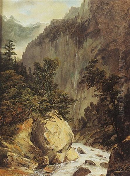 Paysage De Torrent Dans Une Vallee Encaissee Oil Painting by Alexandre Calame