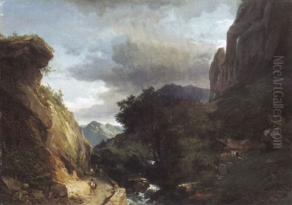 Bergbach In Felsschlucht Mit Reisenden Auf Weg Oil Painting by Alexandre Calame