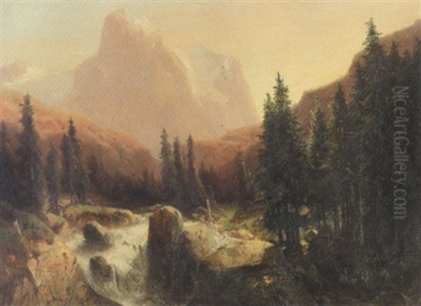 Rosenlaui Mit Wellhorn Und Wetterhorn Oil Painting by Alexandre Calame