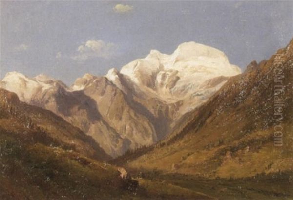 Hochgebirgstal Mit Verschneitem Gipfel Oil Painting by Alexandre Calame