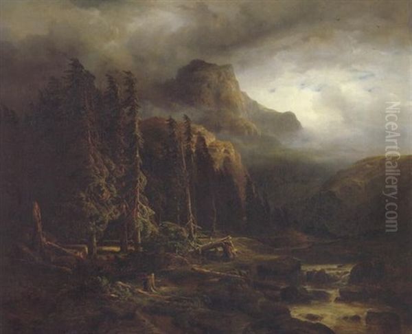 Paysage De Montagne, Avec Sapins Et Cours D'eau, Par Temps D'orage Oil Painting by Alexandre Calame