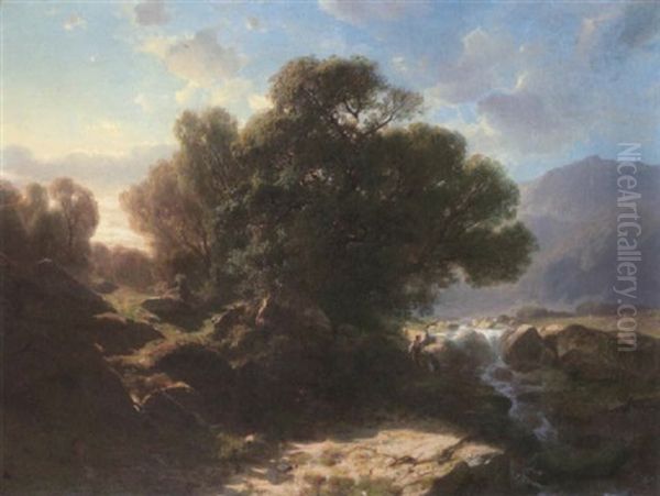 Baumgruppe In Weitem Bergtal Oil Painting by Alexandre Calame