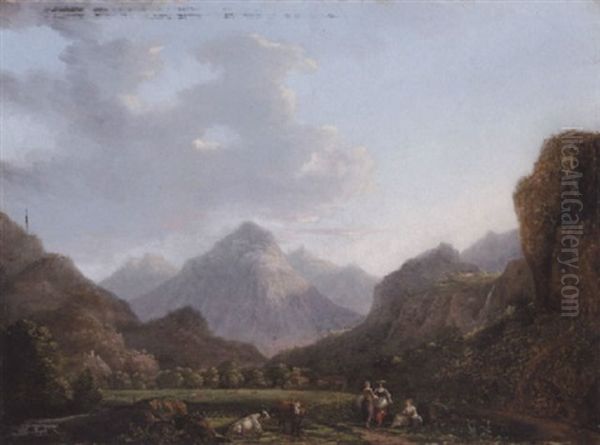 Kvinder Og Kvaeg I Alpelandskab Oil Painting by Alexandre Calame