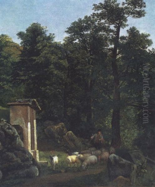 A Wooded Landscape With A Shepherd And Sheep Near A Roadside Shrine Oil Painting by Alexandre Calame