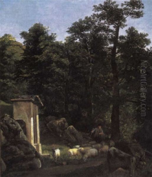 A Wooded Landscape With A Shepherd And Sheep Near A Roadside Shrine Oil Painting by Alexandre Calame