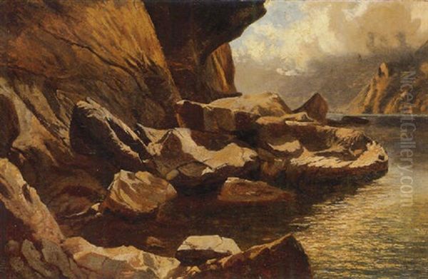 Falaises Et Rocher Au Bord Du Lac Des Quatres-cantons Oil Painting by Alexandre Calame