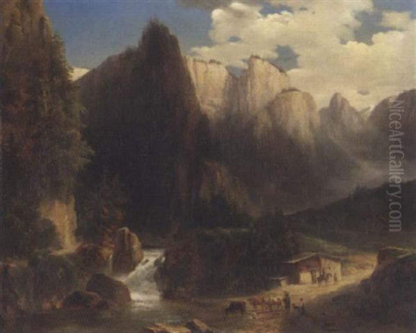 Berglandschaft Mit Hirten Und Tieren Oil Painting by Alexandre Calame