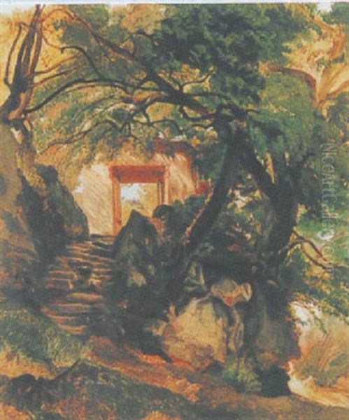 Escalier Et Portail Dans Un Bosquet Oil Painting by Alexandre Calame