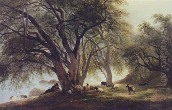 Platanes Au Bord Du Lac, Avec Berger Et Chevres Oil Painting by Alexandre Calame