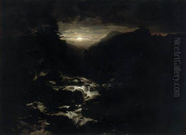 Souvenir De La Handeck, Effet De Lune Oil Painting by Alexandre Calame