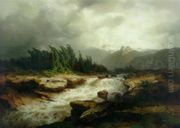 A Torrent Running Through An Alpine Landscape With Snow-covered Mountain In The Distance Oil Painting by Alexandre Calame