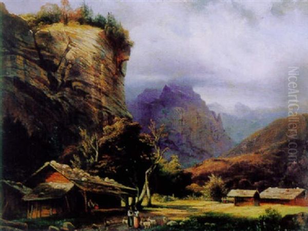 Vue De La Roche Noire, Vallee De Lauterbrunnen Oil Painting by Alexandre Calame