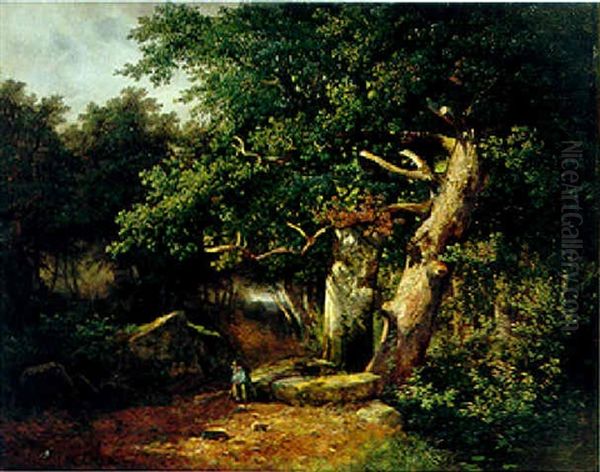 Interieur De Foret Avec Personnage Oil Painting by Alexandre Calame