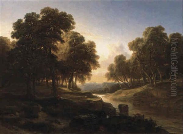 Soleil Couchant Derriere Une Foret Oil Painting by Alexandre Calame