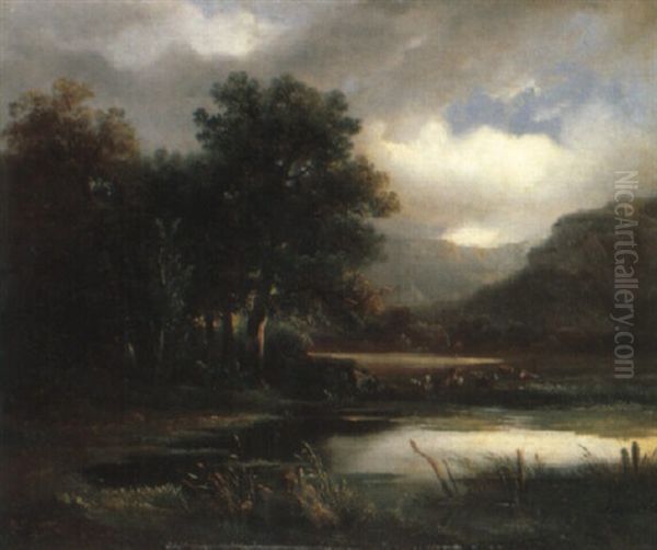 Etang Avec Personnage Et Betail Oil Painting by Alexandre Calame