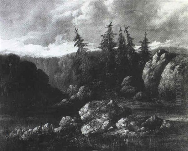 Paysage Alpestre Aux Rochers Et Epiceas Oil Painting by Alexandre Calame