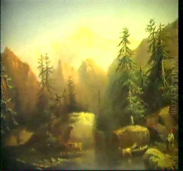 Ein Paar Gebirgslandschaften A) Hirte An Einem Alpsee, Im   Hintergrund Die Jungfrau B) Rastender Wanderer (pendants) Oil Painting by Alexandre Calame