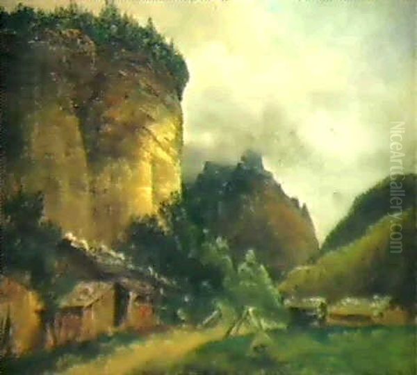 Cabanes Au Pied De La Falaise Lauterbrunnen Oil Painting by Alexandre Calame