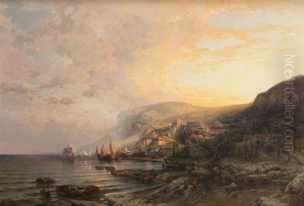 Belebte Kustenlandschaft Zwischen Genua Und La Spezia Oil Painting by Jean-Baptiste-Arthur Calame