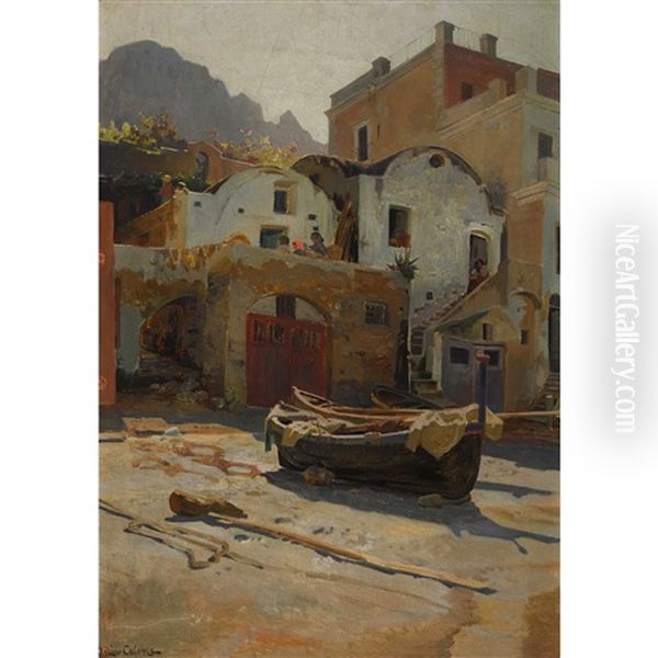 Village De Pecheur A La Riviera Oil Painting by Jean-Baptiste-Arthur Calame