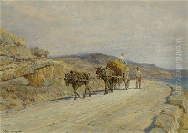 Heuwagen In Einer Mediterranen Landschaft Oil Painting by Jean-Baptiste-Arthur Calame