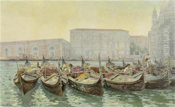 Venezianische Gondeln Vor Santa Maria Della Salute, Venedig Oil Painting by Jean-Baptiste-Arthur Calame