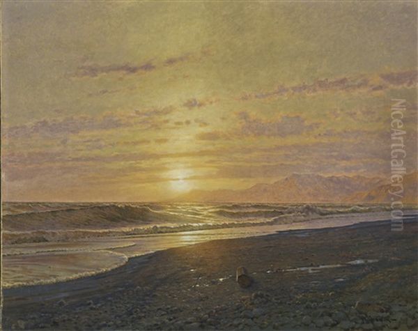 Soleil Couchant Sur La Mer (bordighera) Oil Painting by Jean-Baptiste-Arthur Calame