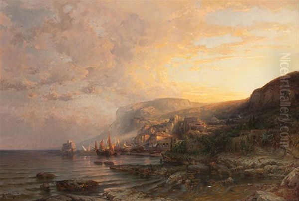 Belebte Kustenlandschaft Zwischen Genua Und La Spezia Oil Painting by Jean-Baptiste-Arthur Calame