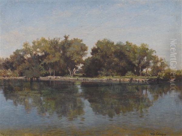 Sonniges Ufer Mit Sich Spiegelnden Baumen Im Wasser Oil Painting by Jean-Baptiste-Arthur Calame