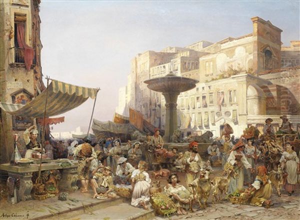 Vue D'une Place De Marche, Vico Del Porto, Naples Oil Painting by Jean-Baptiste-Arthur Calame